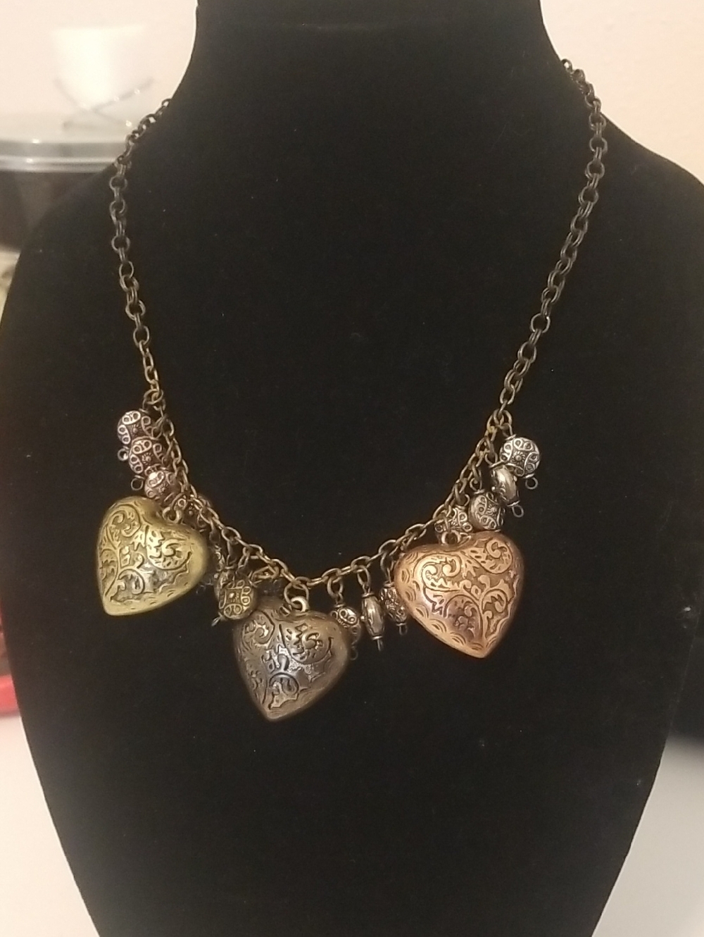 Vintage Antique Gold, Silver, And Rose Bronz Tones Charm Necklace